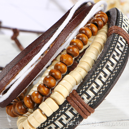 Granos de madera cuero ajustable para requisitos particulares pulseras de cuero